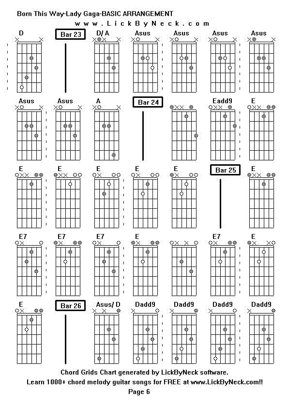 Chord Grids Chart of chord melody fingerstyle guitar song-Born This Way-Lady Gaga-BASIC ARRANGEMENT,generated by LickByNeck software.